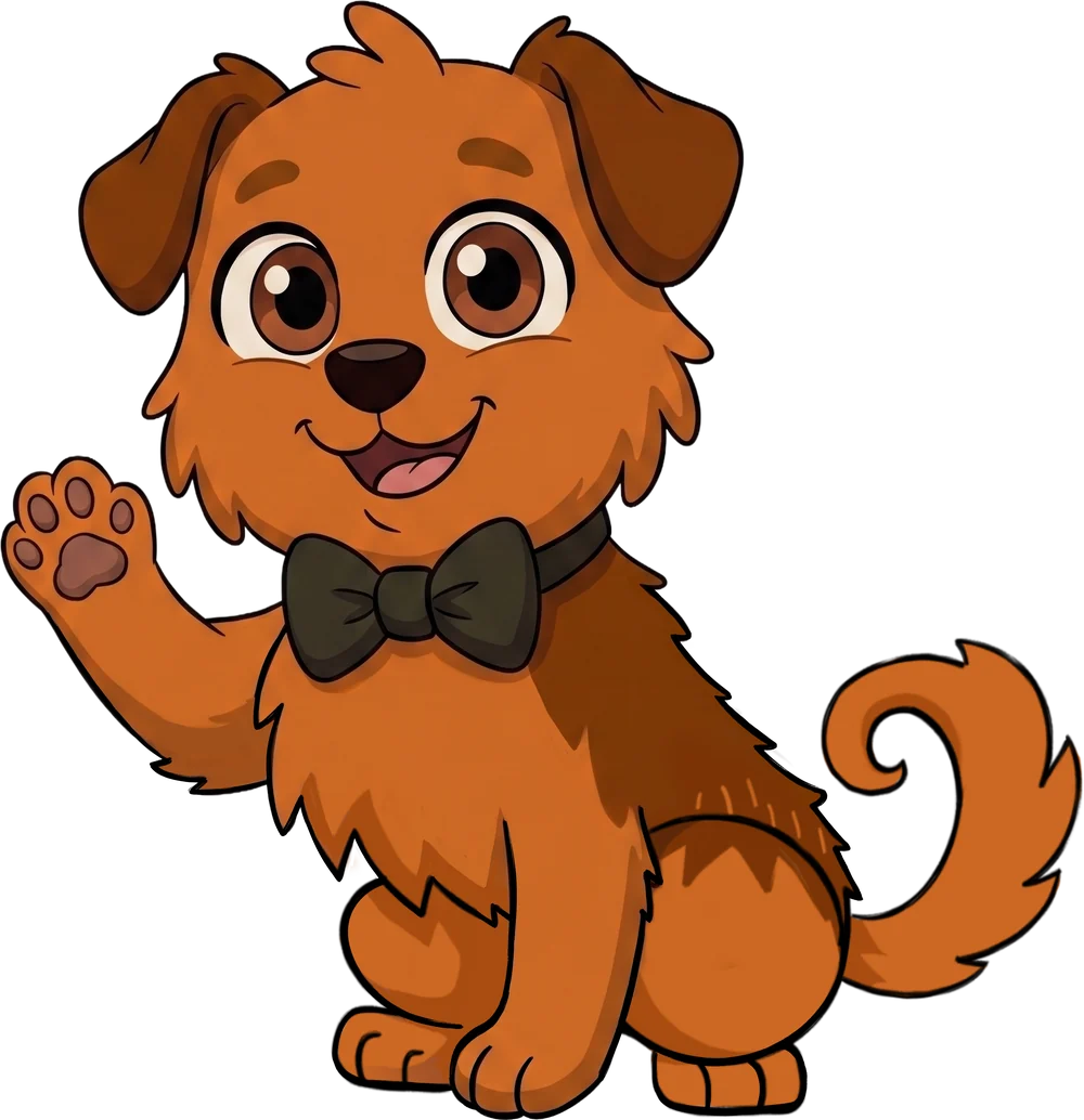 Sir Livingston Bubblebottom, a fluffy auburn cartoon dog in a dark bow tie, waving a paw